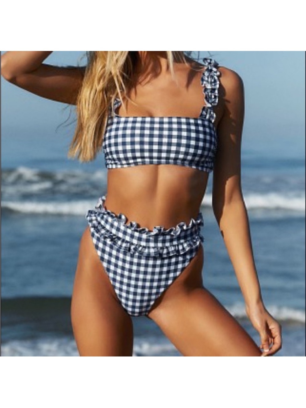 Beach Riot Ivy Gingham Ruffle High-Waist Bikini Set - Navy/White